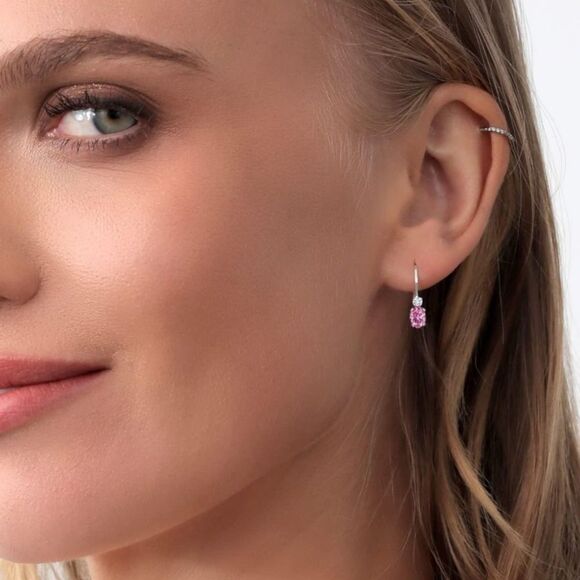 18K White Gold with 1.07 Cttw Pink Sapphire and Diamond Leverback Drop Earrings - Picture 4 of 5